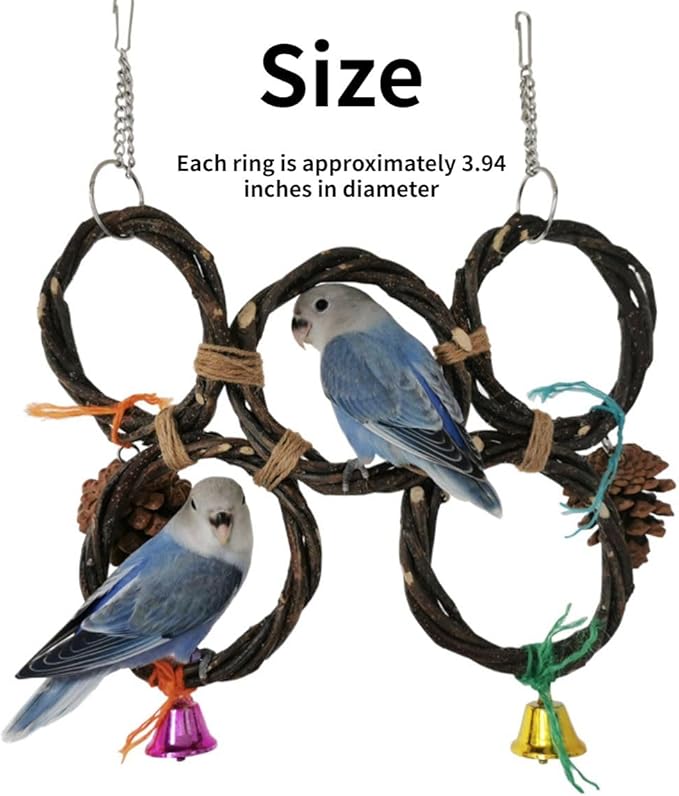 Circle Straw Bird Swing Stand Bird Perches Stand Hanging Chewing Toy for Parrots Bird Playground Cage Accessories Climbing Rope Net Ladders for Foraging Toys（Random Color） (5 Ring Double Row)