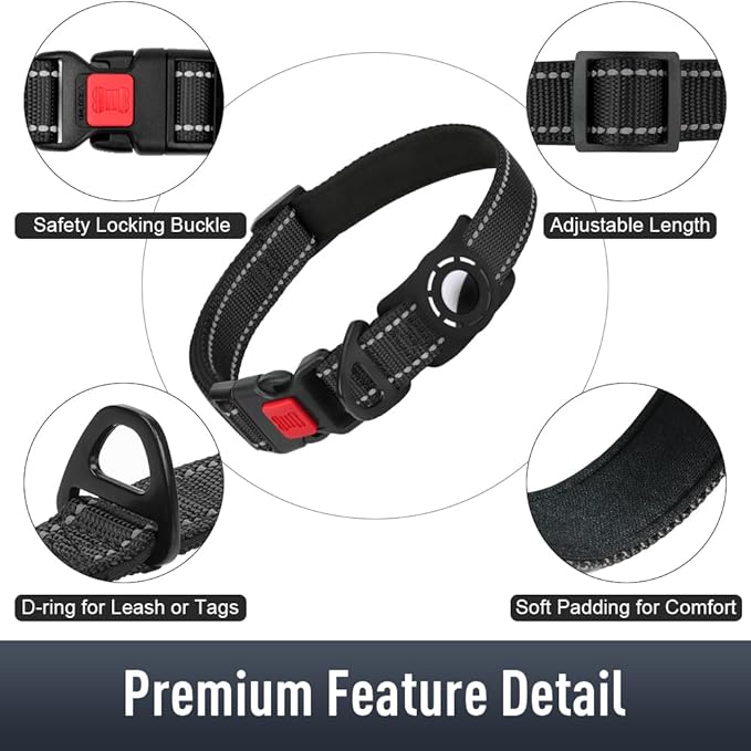 Airtag Dog Collar with AirTag Holder for Puppy Small Dogs, Reflective, Soft Padded & Safety Locking Buckle, Nylon Pet Collars Adjustable for All Breeds, Black,XS