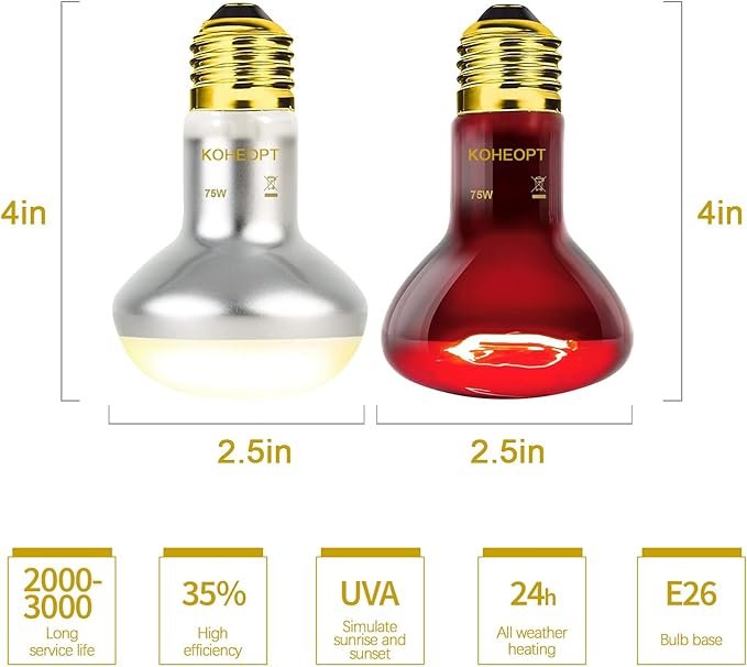 75W Reptile Heat Lamp Bulb 2-Pack,Complete Day & Night Basking Spot Light Combo Including Infrared Heat Lamp and UVA Daylight Basking Lamp for 24-Hour Thermal Regulation