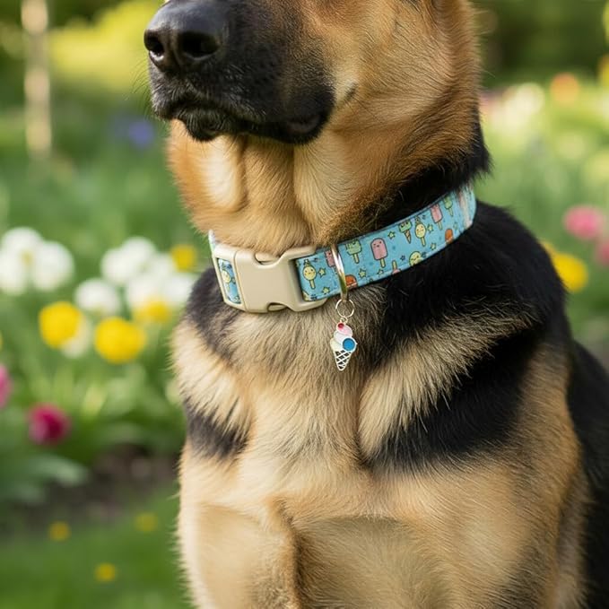Blue Dog Collar for Large Dogs, Boy Girl Dog Collar with Ice Cream Pattern for Spring Summer, Breathable Adjustable Large Collars for Male Female Dogs, L