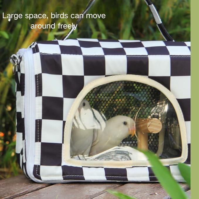Bird Travel Carrier with Perch Parakeet Carriers with Net, Pad Mat, Feeder Portable Pet Carrier Bag for Bird Transparent Travel Carrier Cage for Budgie Conure Cockatiel (Black and White)