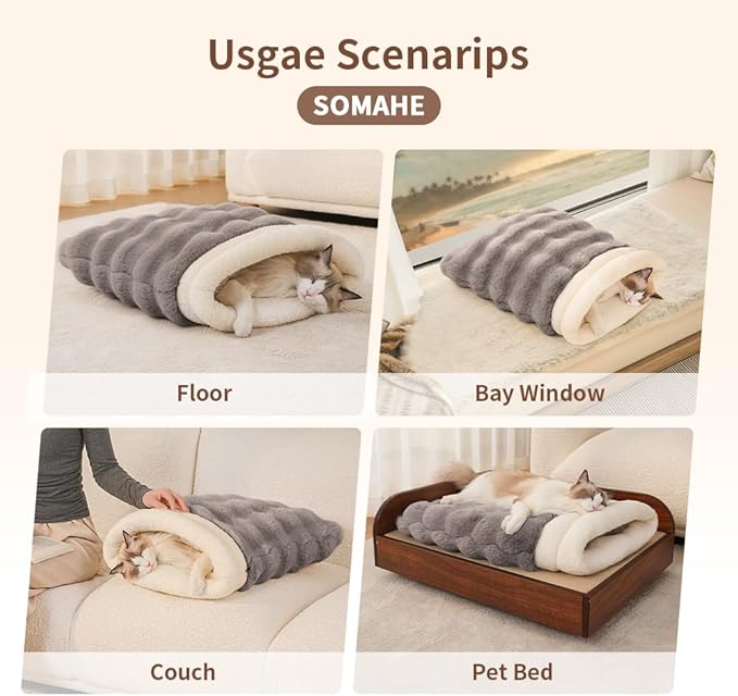 Self-Warming Cat Sleeping Bag, Enclosed Hooded Snuggle Sack with Dual-Side Plush Cat Cave Bed, Portable Foldable Pet Sleeping Pod for Indoor & Travel, Anti-Static, 21.7"x17.7"Beige