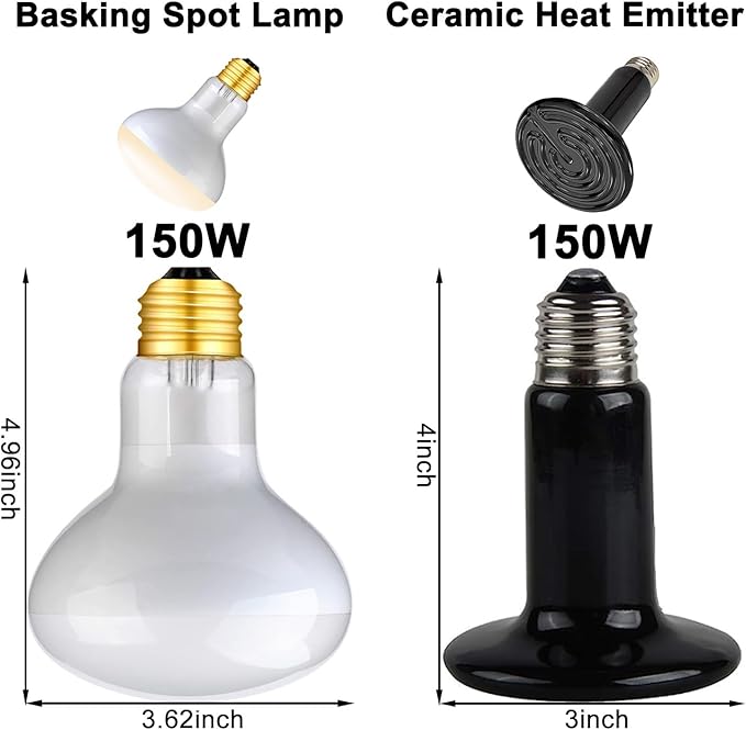 DXOPHIEX Dual Reptile Light Fixture,Reptile Heat Lamp Fixture with 150W Basking Bulb&Ceramic Heat Emitter,Double Dome Heat Lamp for Lizard,Gecko,Bearded Dragon,Tortoise,Snake,Chameleon
