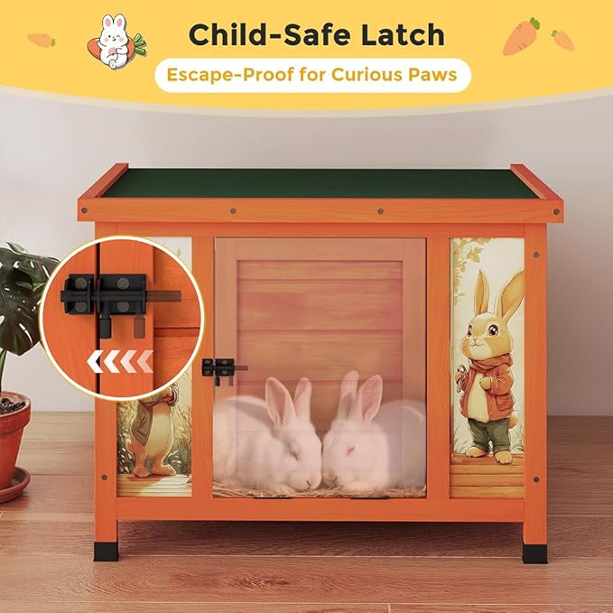 COZIWOW 24 Inch Rabbit Hutch Outdoor, Weatherproof Cat House, Bunny Cage Indoor with Non-Slip Ramp, Portable Wooden Shelter for Rabbits, Feral Cats, Chicken, Duck & Other Small Animals (Orange)