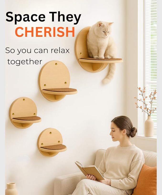 Cat Wall Shelves - Round Floating Cat Wall Steps with Scratch Pads, up to 20Lbs. Saving-Space Decorative Wall-Mounted Cat Furniture for Climbing, Playing & Resting - Solid Natural Wood by INSTINTO