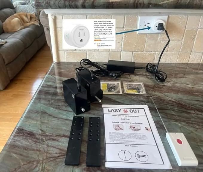 Easy Out Automated Pet Crate Opener for Single or Double Latch Crates, Activated by Remote Control or Wi-Fi Smart Plug, Model EOD1