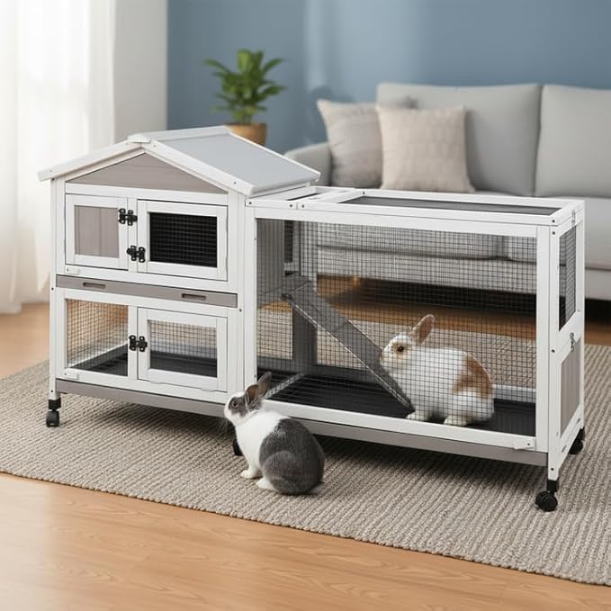 60” Large Rabbit Hutch Outdoor with 6 Wheels, Wooden Expandable 2 Story Indoor Rabbit Cage Bunny House with Run, Waterproof Roof, 3 Pull Out Trays, Guinea Pig Cage for Small to Medium Pets
