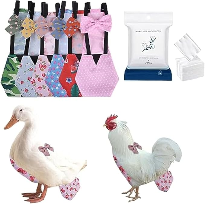 MANON ROSA Chicken Diapers Bantam Hens - Reusable 6-Piece Set with Bow Ties Poultry Nappies Washable Waterproof for Geese Pet Ducks Silkie(6D20P S)