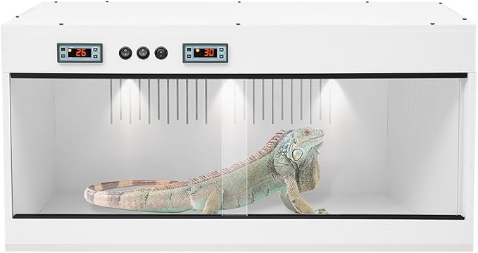 Reptile Terrarium with Dual Thermostat, 80x40x40cm PVC Habitat, 3X E27 Bulb Sockets, Glass Sliding Doors Reptile Breeding Boxf for Lizards, Snakes, Spiders (Black/White, 110V) (White)
