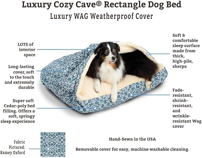 Snoozer Pet Products Luxury Rectangle Cozy Cave, Wag Collection, Medium, Pedigree Denim