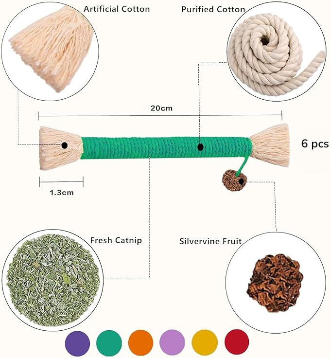 Bent Cat Rope Toy, Pet Chew Toys, Interactive Tease Toys for Cats and Kittens, Bite-Proof Playthings, Cotton Rope Kitten Toys Dental Care Stress Relief Pet Supplies (Medium 6 Pack)