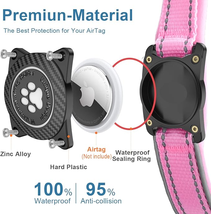 Airtag Dog Collar with Waterproof Air Tag Holder, Luminous Reflective, Soft Padded, Adjustable Nylon Pet Collar for Small Medium Large Heavy Duty Dogs,Pink, L