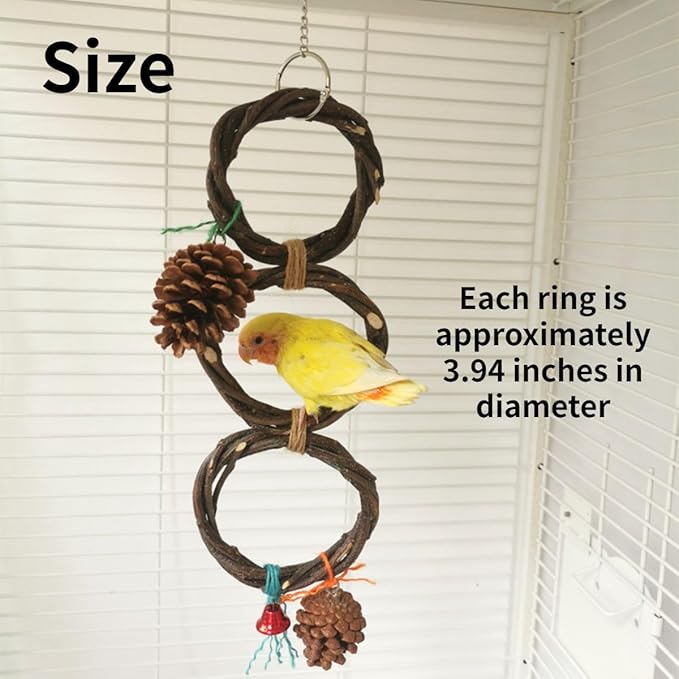 Circle Straw Bird Swing Stand Bird Perches Stand Hanging Chewing Toy for Parrots Bird Playground Cage Accessories Climbing Rope Net Ladders for Foraging Toys（Random Color） (3 Rings)