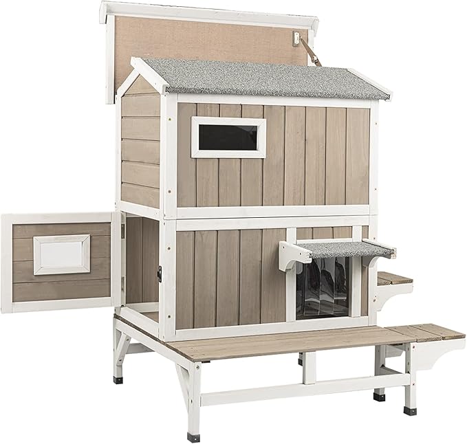 Cat Houses for Outdoor Cats, Wooden Two Story Cat House Weatherproof with 3 Jumping Platforms, 3 Doors, Balcony, Indoor Feral Cat Shelter with Openable Roof for Small Animals, Grey