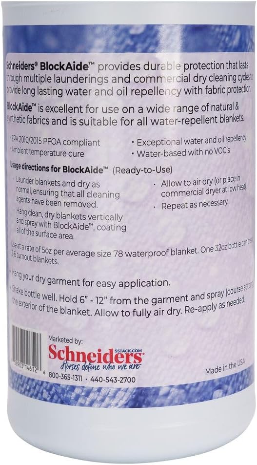 Schneiders BlockAide Blanket Reproofer for Horses | Long-Lasting Water & Oil Repellency | Easy Application | Extends Blanket Lifespan | Size 32 oz