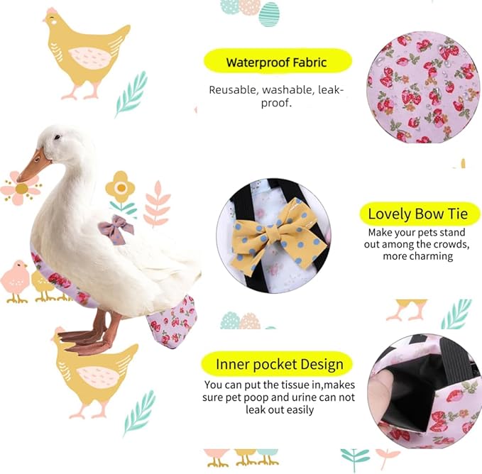 MANON ROSA Chicken Diapers Bantam Hens - Reusable 3-Piece Set with Bow Ties Poultry Nappies Washable Waterproof for Geese Pet Ducks Silkie (Floral M)