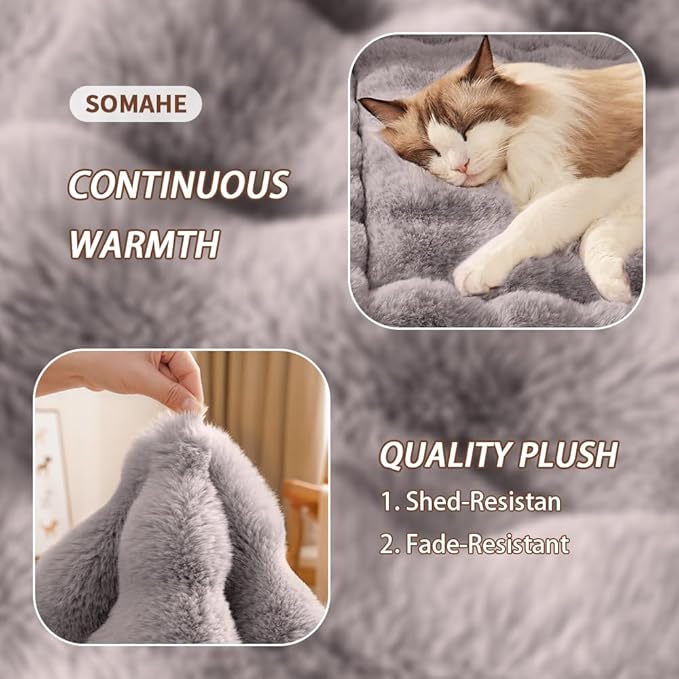 Self-Warming Cat Bed, Plush Faux Fur Pet Bed Mat with Anti-Slip Bottom, Ultra Soft Heated Pad for Cats & Kittens, Cozy Fluffy Bed for Window & Sills Couches, Machine Washable, 23x15 Inch Grey
