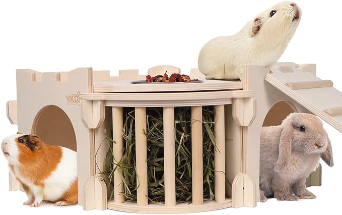 Large Guinea Pig Castle, Natural Wood Rabbit House with Ladder and Hay Feeder, Small Animal Hideout for Rabbit, Guinea Pig, Chinchilla, Hedgehog