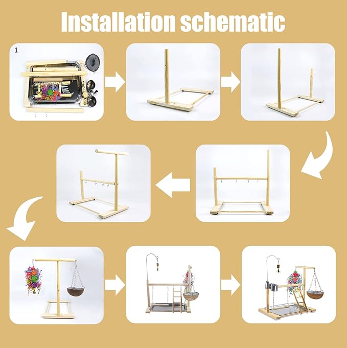 Bird Stand Fun Straw Bell Toys,Parrot Wooden Platform Stand with Perch Ladder, Swing, Bell & Feeder