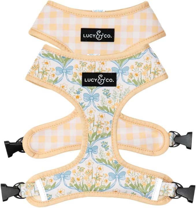 Lucy & Co. Sunshine and Daffodils Reversible Dog Harness, Adjustable Comfort Fit with Dual Leash Attachments, X-Small