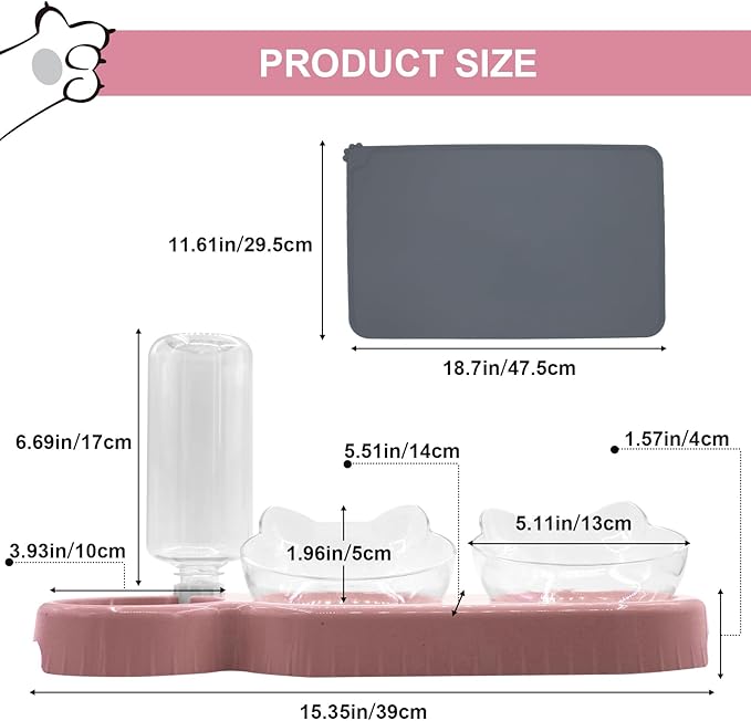 Triple Cat Bowls with Water Dispenser, Pet Water and Food Bowl Set with Non-Slip Mat and Scoop, 15° Tilted Double Dog Cat Bowls, Wet and Dry Food Bowl Set for Cats & Small Dogs (Pink)
