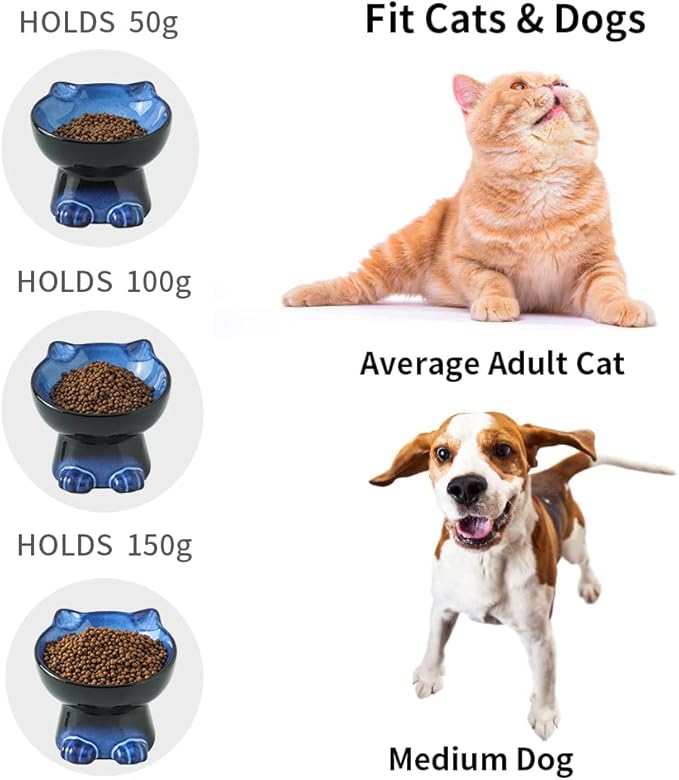 Nihow Slanted Elevated Cat Bowls: 6.25 Inch Ceramic Raised Cat Food Bowl for Protecting Pet's Spine - Microwave & Dishwasher Safe -Elegant Blue & Black (6.8 OZ /1 PC)