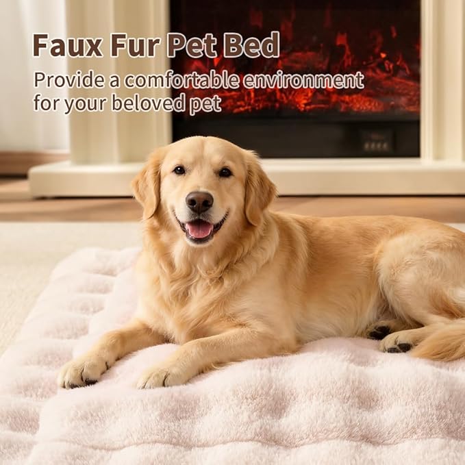 Self-Warming Dog Bed, Plush Faux Fur Mat with Anti-Slip Bottom, Ultra Soft Heated Pet Bed for Medium Large Dogs, Cozy Fluffy Pad for Carriers Couch Crate, Machine Washable, 35 x 27 Inch White