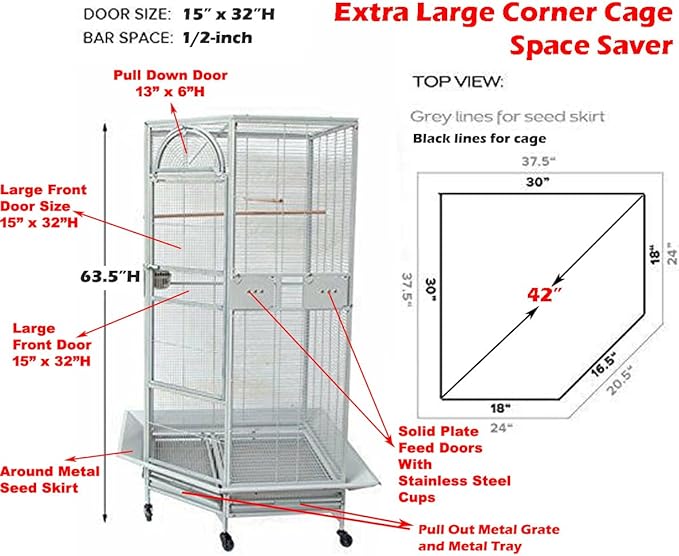 X-Large Corner Parrot Bird Flight Breeding Wrought Iron Rolling Home Cage Solid Plated Feeder Doors with Around Metal Seed Guard