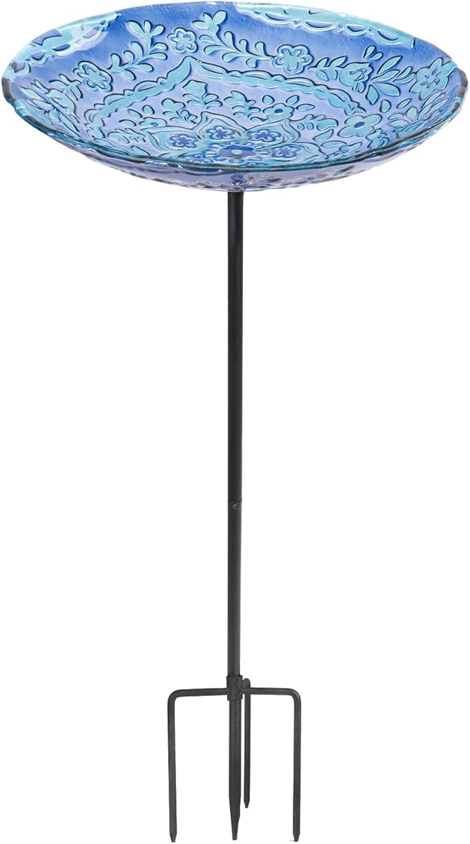MUMTOP Bird Baths for Outdoors, Glass Birdbath Birdfeeder Bowl with Metal Stake for Outside Garden Yard Lawn Flower Style Decor
