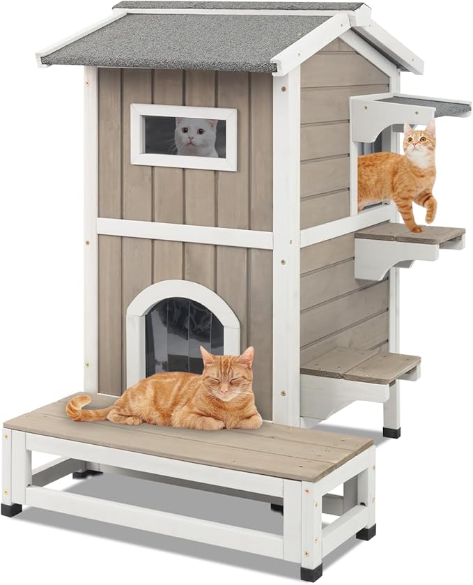 Outdoor Cat House Weatherproof, Wood Two Story Cat House with Openable Roof, 4 Doors, Balcony, Outside Indoor Pet House Feral Cats Shelter with Jumping Platforms for Small Animals, Grey