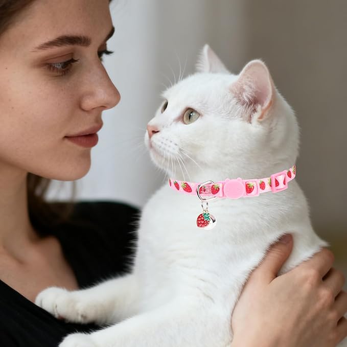 PUPTECK Breakaway Cute Cat Collar with Bell Charm, 2 Packs Adjustable Kitty Collars Fruit Pattern, Pink&Green, 7.8-11.8 in