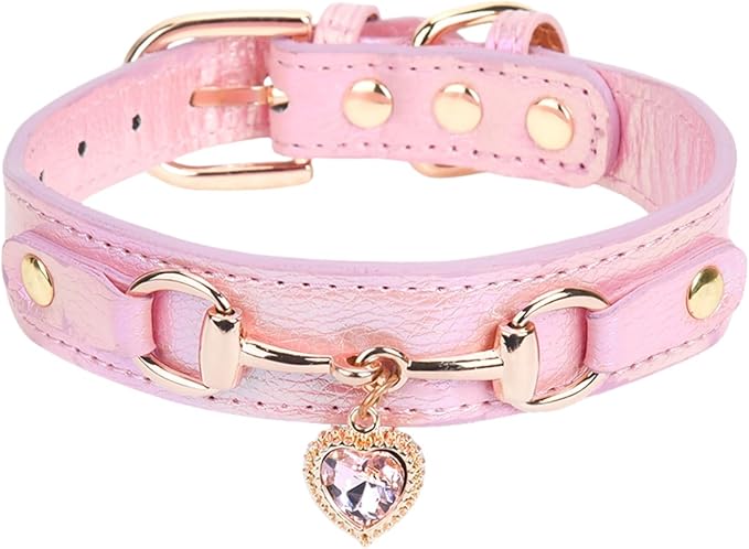 THAIN Fashion Dog Collar with Bling Diamonds & Heart Charm – 5 Holes Adjustable PU Leather Rhinestones Necklace Collar, Gold Buckle for Medium Dogs Girl (Pink, M)