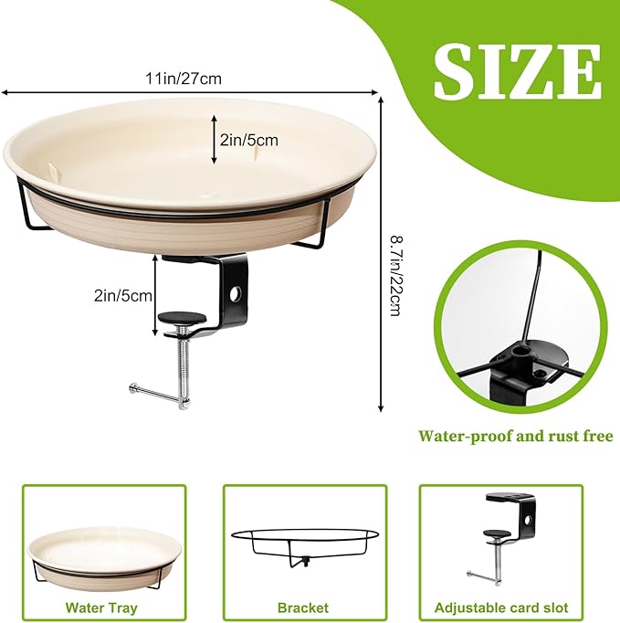 AUHOKY Bird Bath Deck Mounted Bowl 11 Inches, Balcony Railing Birdbaths Unheated, Bird Bath Fence Clamp Detachable (White)