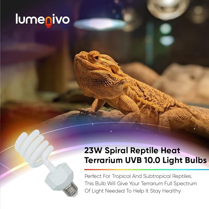 lumenivo UVB Reptile Light 23W 10.0 Desert Terrarium UVB Bulb for Bearded Dragon, Dwarf Monitors, Veiled Chameleons - Simulates UVB from The Sun to Help in Calcium Absorption - 120V - 3 Pack