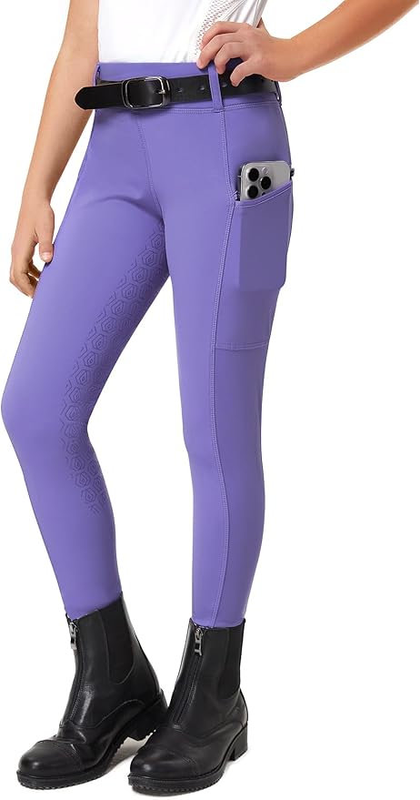 FitsT4 Sports Girls Riding Pants Full Seat Kids Equestrian Breeches Stretchy Youth Horse Schooling Tights Zipper Pockets