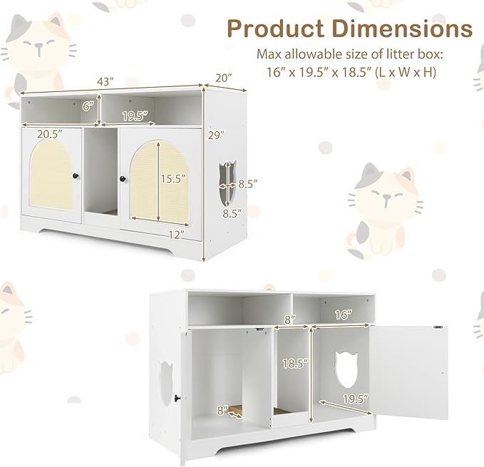 PETSITE White Double Litter Box Enclosure, 43 Inch Modern Cat Hidden Litter Box with Shelves, Double Rooms, Scratching Board, and 2 Sisal Mats, Indoor Wooden Kitten House End Side Table