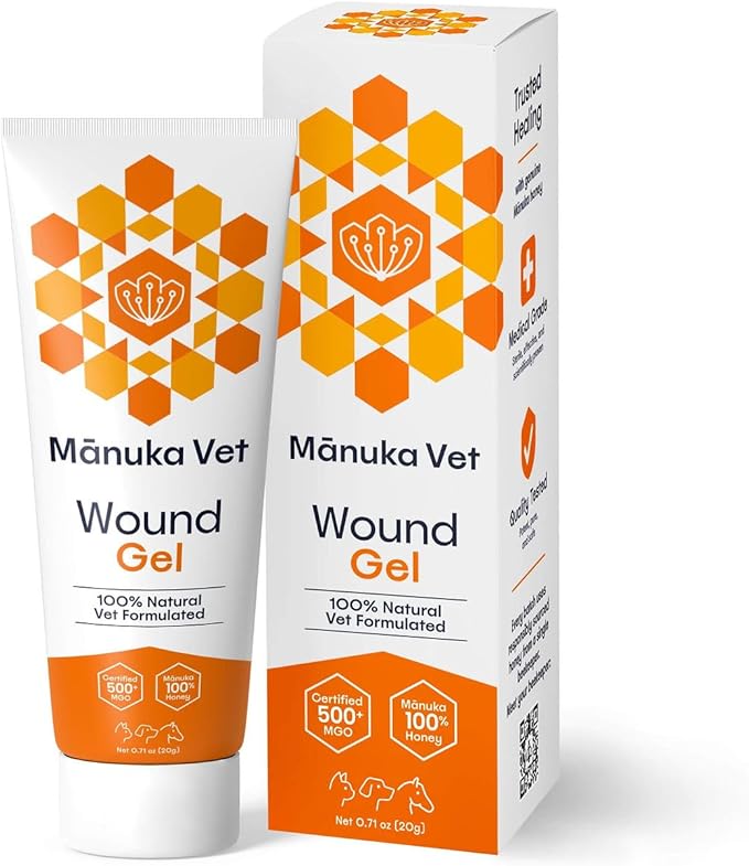 Manuka Vet Skin & Wound Gel, 500+ MGO Medical Grade Manuka Honey, Rapid Healing & Skin Repair Treatment for Dogs, Horses and Cats, 0.71oz (20g) Tube