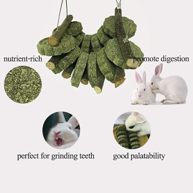 Bunny Chew Toys for Teeth Organic Fruitwood Sticks for Bunny Rabbits Chinchilla Guinea Pigs Hamsters Parrots and Other Small Animals Chewing and Playing Pet Snacks Toys with Grass Cake