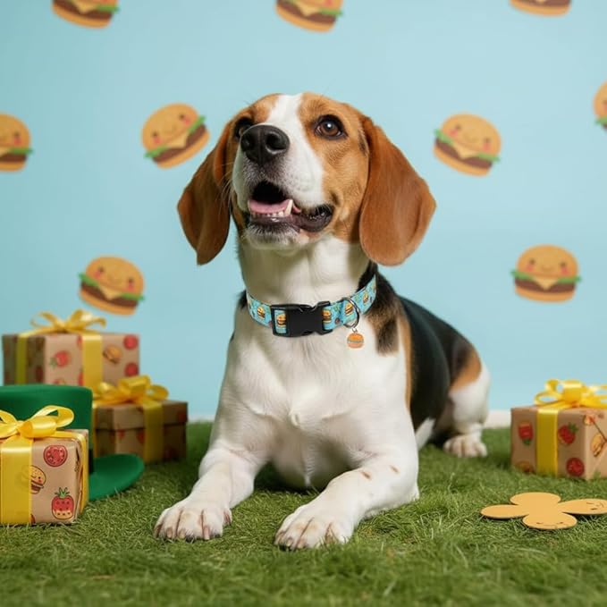 Cute Dog Collar, Blue Dog Collar with Burger Pattern and Cute Charm, Puppy Collar with Quick Release Buckle and Durable Fabric, Suitable for Small Dogs