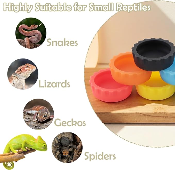 6 Pack Crested Gecko Small Food Dish Reptile Water Bowl Silicone Shallow Feeder for Small Reptile Lizard Gecko Frog Snake Turtle Hermit Crab (Small: 0.98" D, 0.43" H)