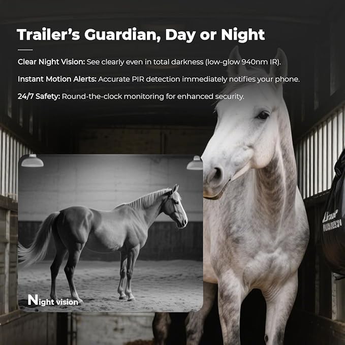 NomadEye Wireless Horse Trailer Camera – 4K Live Video & 2-Way Audio – WiFi Connect – Magnetic Mount – 15Hrs Recording – Night Vision – iOS & Android App (4 Pack)