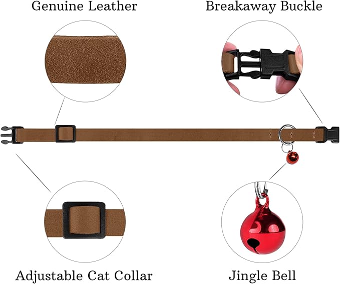 Muromto Breakaway Cat Collar Leather Soft Adjustable Pet Kitten Collars with Bell Pink Brown Blue Green Red (Cognac)