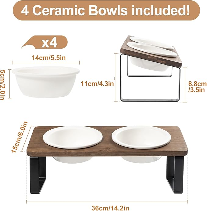 Sunhoo Elevated Cat Bowls for Indoor Cats Ceramic Kitty Dish Food Water Raised Tilted Puppy Feeding Sation with 4 Dishes Wooden Stand Pet Feeder Metal Legs Orthopedic ReducesVomiting（Brown）