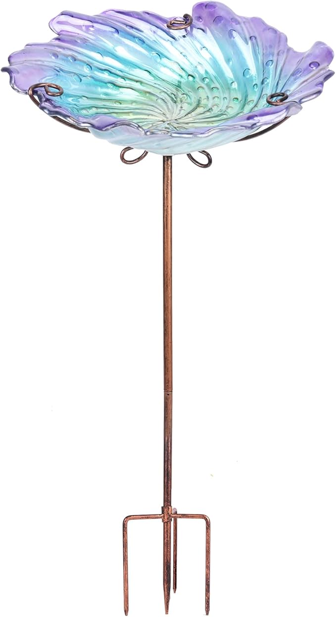MUMTOP Glass Bird Baths for Outdoors, Garden Bird Bath Bowl with Metal Stake Birdbaths for Outside Yard Outdoor, Purple