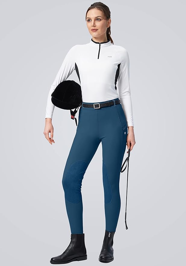 SANTINY Women's Horse Riding Pants with Zipper Pockets Knee-Patch Schooling Tights Equestrian Breeches for Women