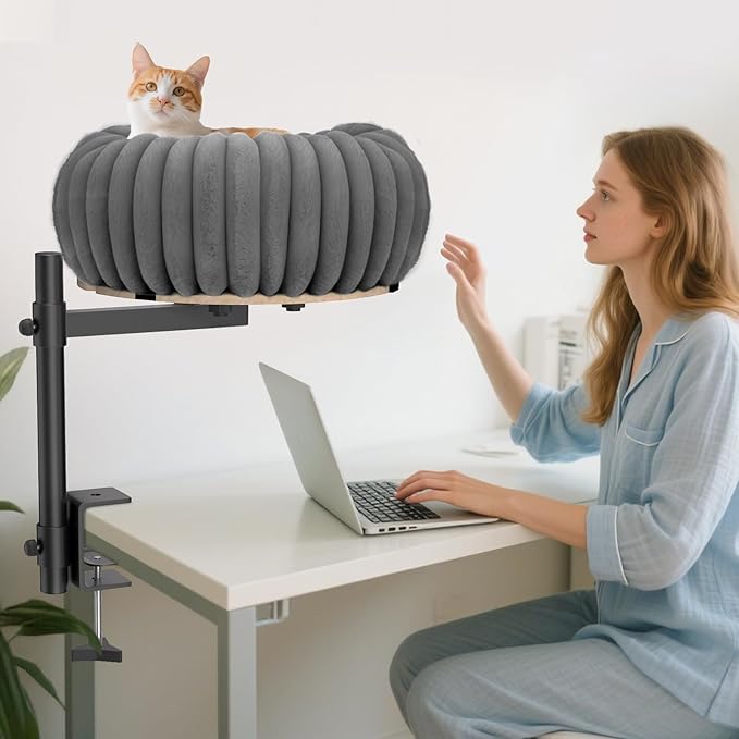 360° Rotating Cat Bed for Desk, 19.68'' Cat Hammock for Table, Up/Down Mount Perch (10'' Height Range) Washable Plush Pad, Sturdy 50lbs Metal Frame, Home Office Mount Cats Nest