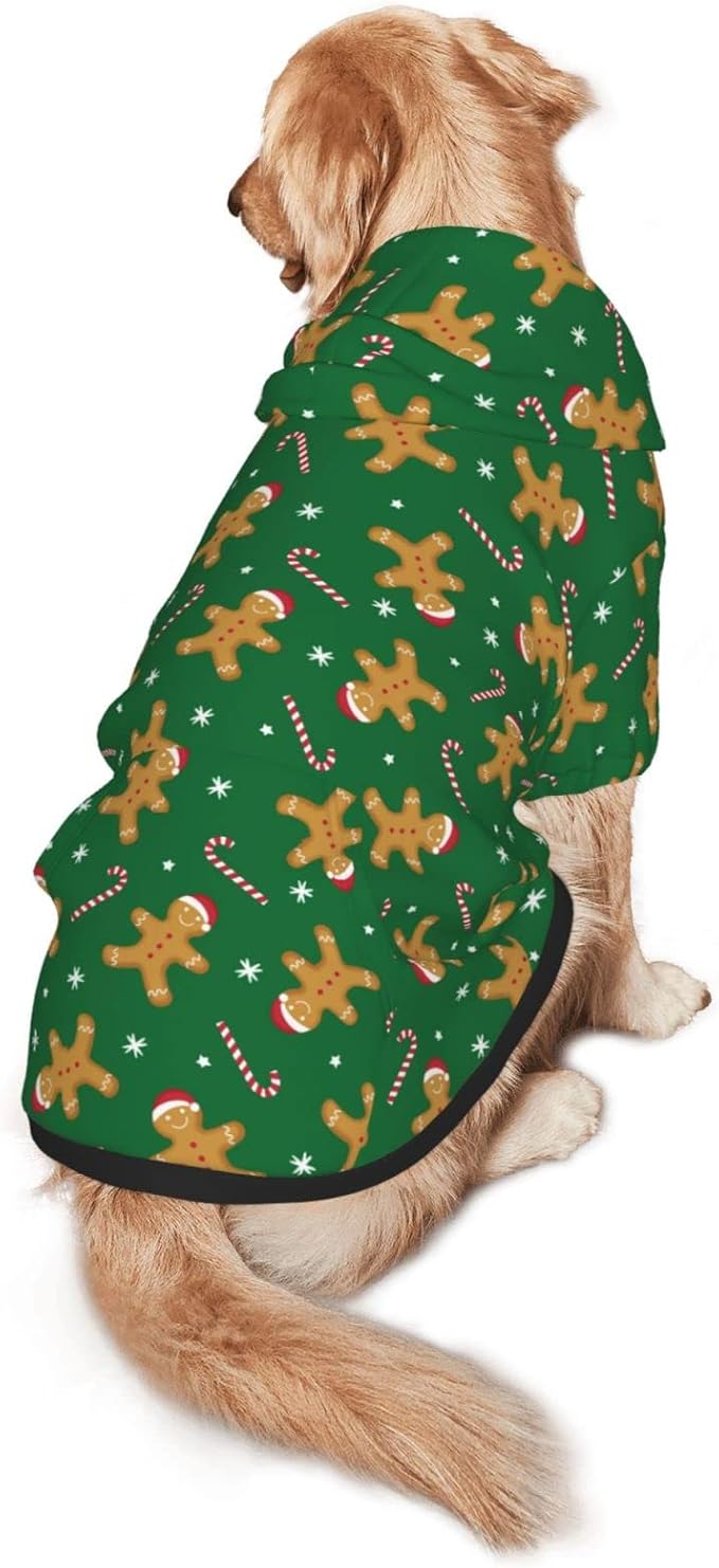 Green Christmas Gingerbread Men Candies Hoodie,Christmas Cosplay Dog Clothes with Pocket and Hat Winter Clothes Sweaters Large