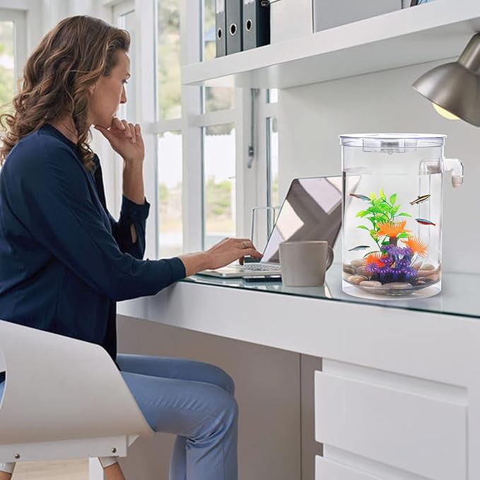 Betta Fish Tank, 360 Aquarium with LED Light, 1 Gallon Fish Bowl, Small Fish Tank Starters Kit, Beta Fish Tank Aautomatic Cleaning as Desktop Decoration for Office Home Room Decor