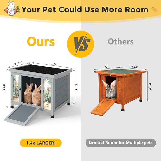 COZIWOW 24 Inch Rabbit Hutch Outdoor, Weatherproof Cat House, Bunny Cage Indoor with Non-Slip Ramp, Portable Wooden Shelter for Rabbits, Feral Cats, Chicken, Duck & Other Small Animals (Grey)