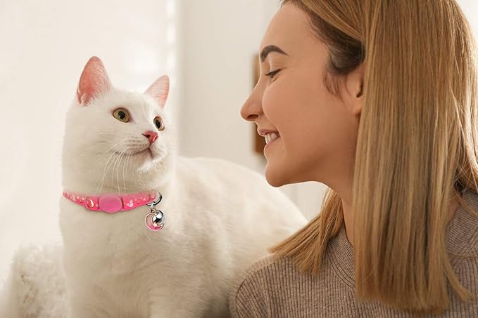 2PCS Breakaway Cat Collars with Bell Cute Kitty Glow in The Dark Adjustable Kitten Collars 7.9-13.0 Inch(Purple&Pink)